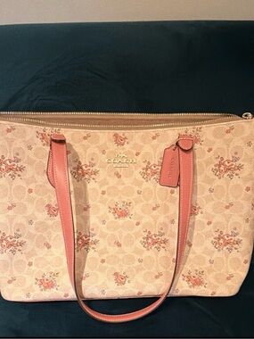 Coach Floral Signature Canvas Tote with Pink Leather Trim